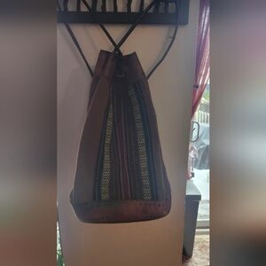 Handcrafted Brown Striped Canvas And Leather Drawstring Backpack